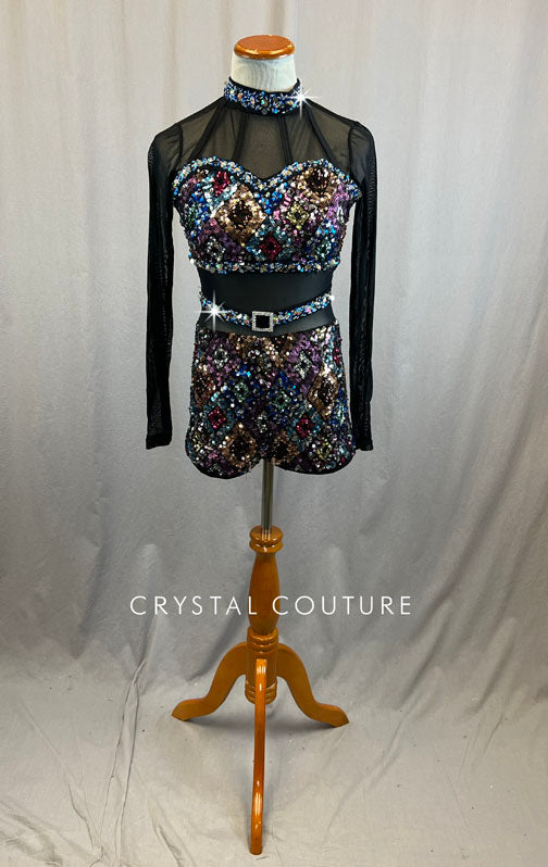 Black Mesh Leotard with Multi Colored Zsa Zsa Color Blocking - Rhinestones