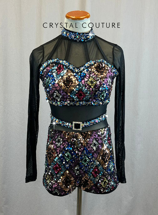 Black Mesh Leotard with Multi Colored Zsa Zsa Color Blocking - Rhinestones