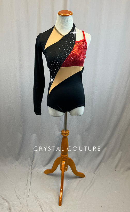Black One Sleeve Leotard with Mesh and Red Zsa Zsa Inserts - Rhinestones