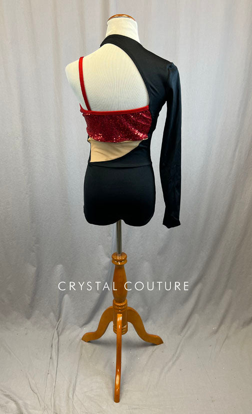 Black One Sleeve Leotard with Mesh and Red Zsa Zsa Inserts - Rhinestones