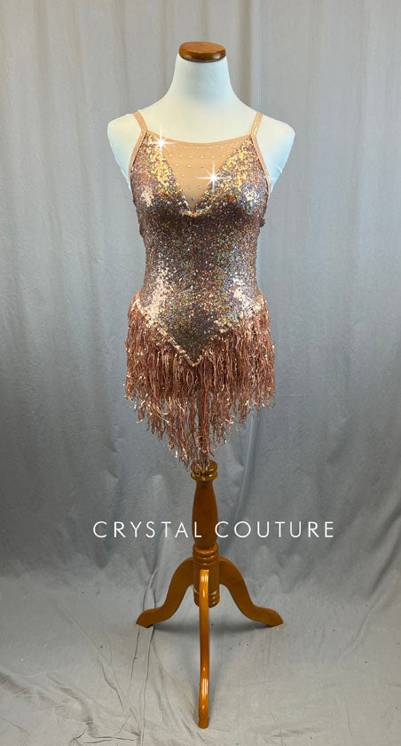 Rose Gold Zsa Zsa Leotard with Fringe Skirt - Rhinestones