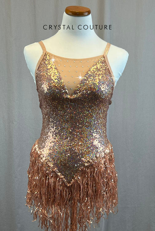 Rose Gold Zsa Zsa Leotard with Fringe Skirt - Rhinestones