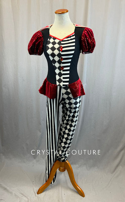 Black and White Checkered and Striped Unitard with Red Accents