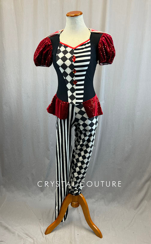 Black and White Checkered and Striped Unitard with Red Accents