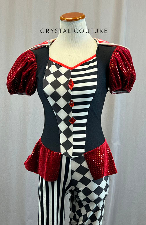 Black and White Checkered and Striped Unitard with Red Accents