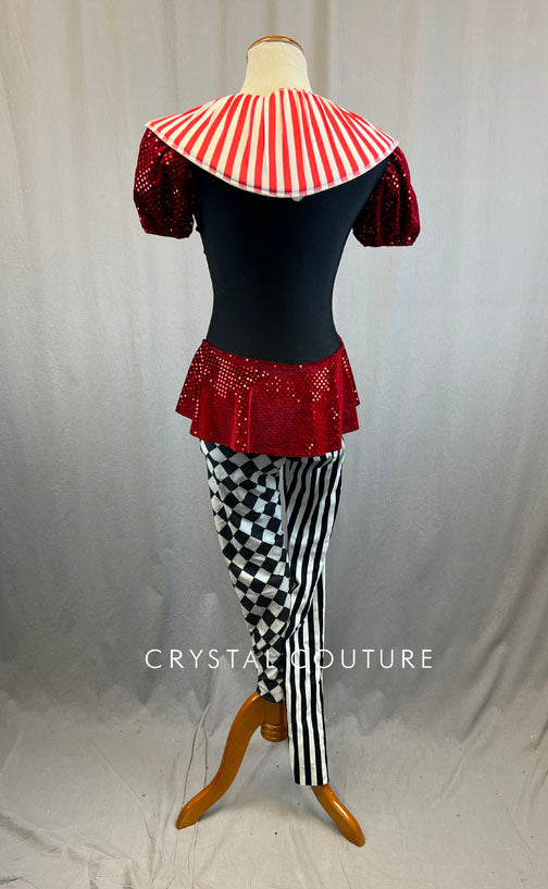 Black and White Checkered and Striped Unitard with Red Accents