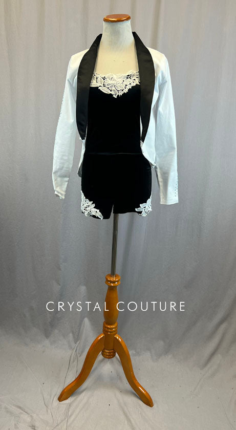 Black Velvet Biketard with White Lace Applique and White Blazer - Rhinestones
