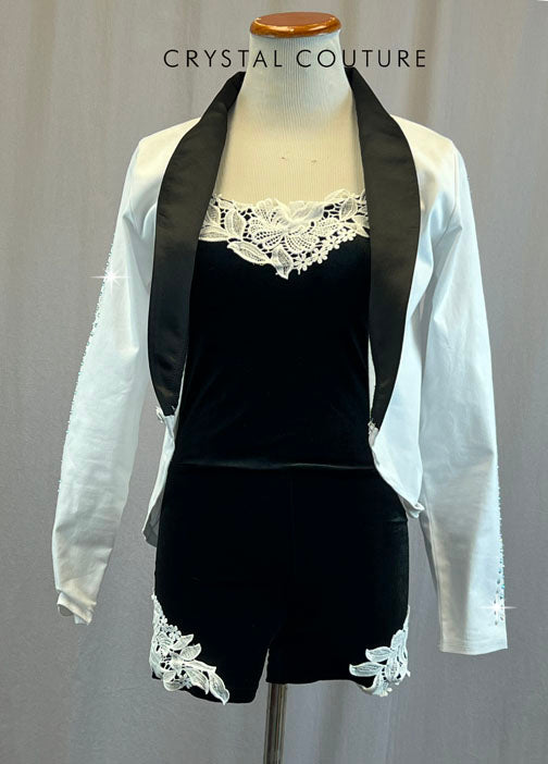 Black Velvet Biketard with White Lace Applique and White Blazer - Rhinestones