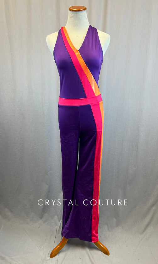 Purple Unitard with Hot Pink and Orange Metallic Striped Detail