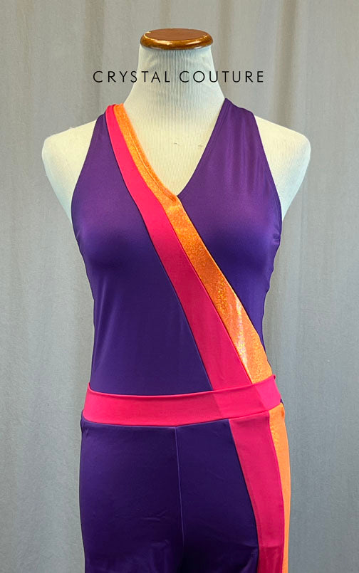 Purple Unitard with Hot Pink and Orange Metallic Striped Detail