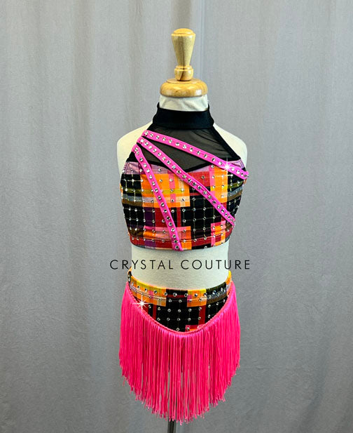 Pink, Orange, Red and Black Checkered Two-Piece - Rhinestones