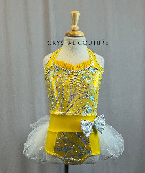 Yellow Leotard with Silver Detail and White Tulle Skirt - Rhinestones