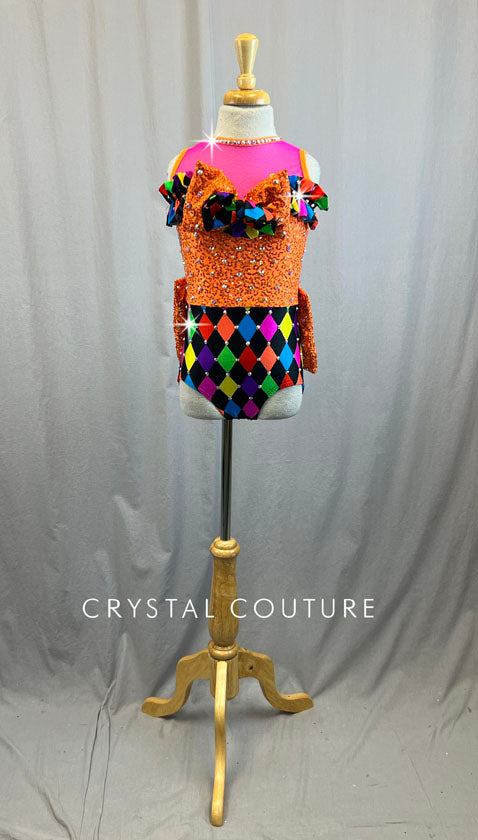 Orange Zsa Zsa and Multicolored Checkered Leotard - Rhinestones
