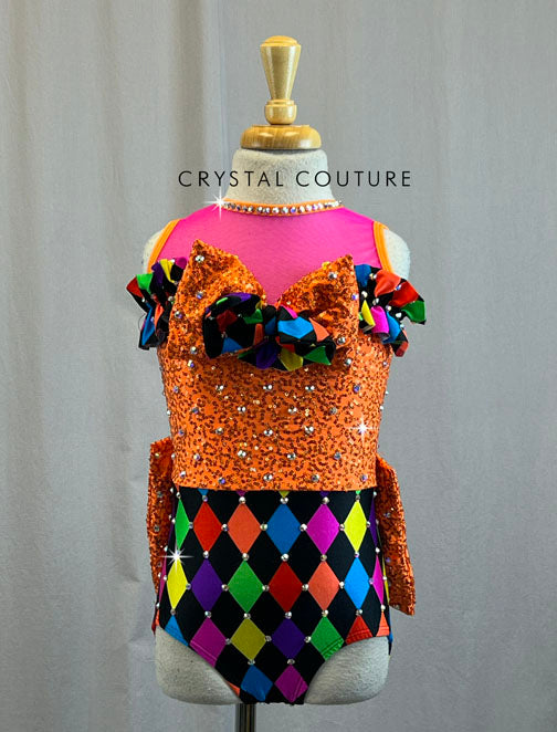 Orange Zsa Zsa and Multicolored Checkered Leotard - Rhinestones
