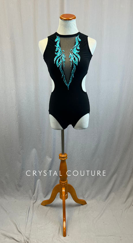 Black Leotard with Open Back and Glitter Turquoise Accents