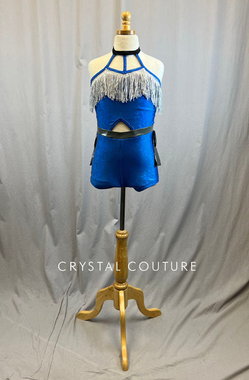 *Brand New* Custom Royal Blue Metallic Biketard with Fringe
