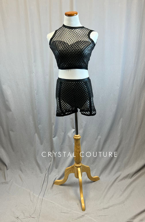 *Brand New* Custom Grey Metallic Fishnet Two-Piece with Black Pleather Trim