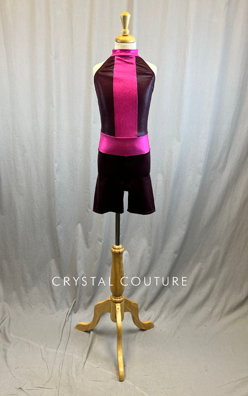 *Brand New* Maroon and Hot Pink Metallic Biketard with High Neck