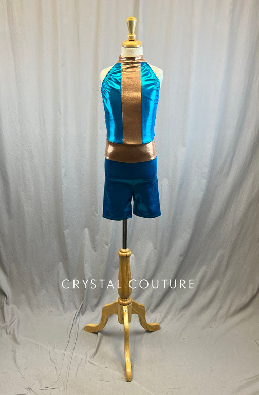 *Brand New* Blue and Bronze Metallic Biketard with High Neck