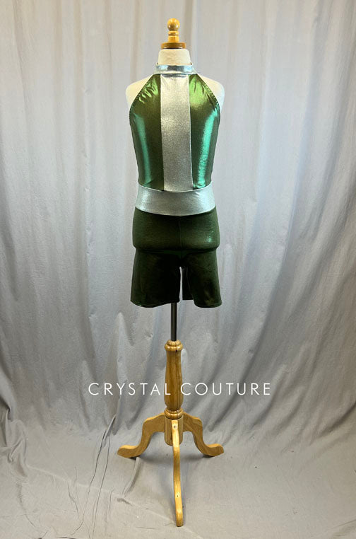 *Brand New* Green and Silver Metallic Biketard with High Neck