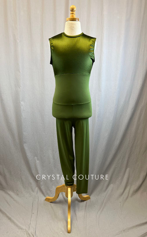 *Brand New* Olive Green Satin and Lycra Colorblock Unitard