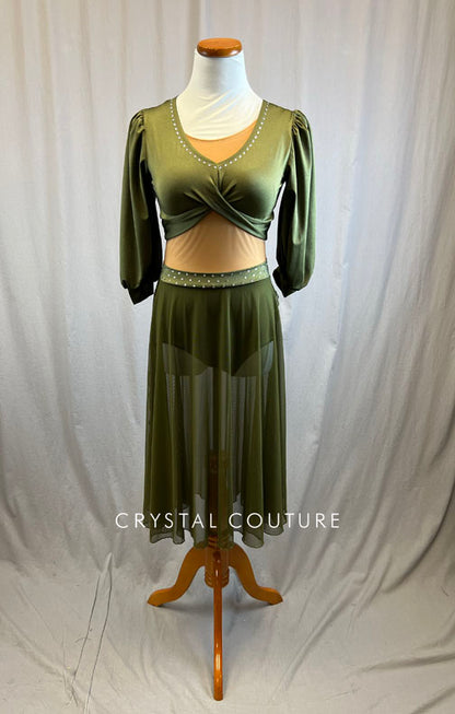 *Brand New* Olive Green Lycra Dress with Nude Lined Mesh - Rhinestones