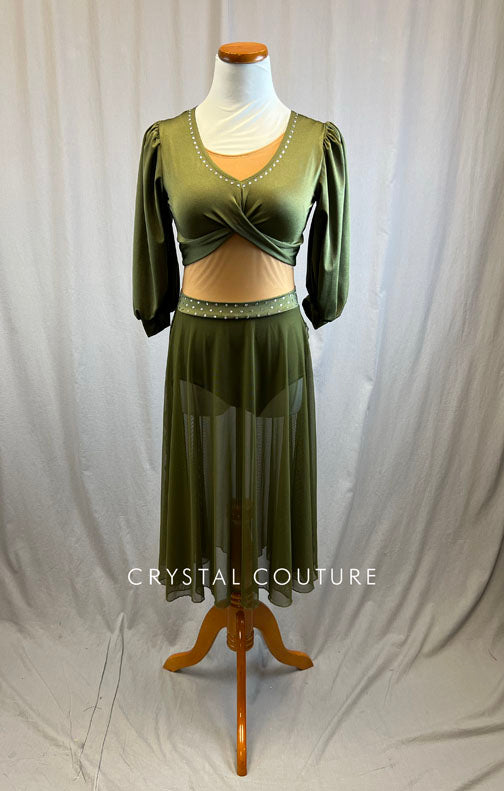*Brand New* Olive Green Lycra Dress with Nude Lined Mesh - Rhinestones
