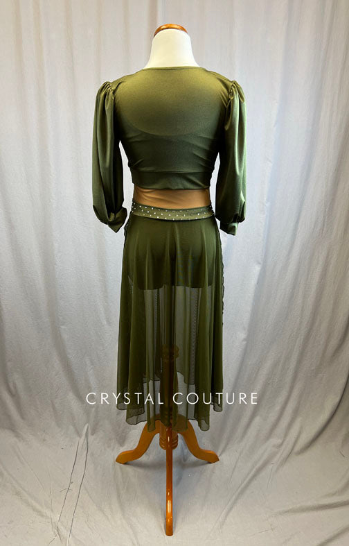 *Brand New* Olive Green Lycra Dress with Nude Lined Mesh - Rhinestones
