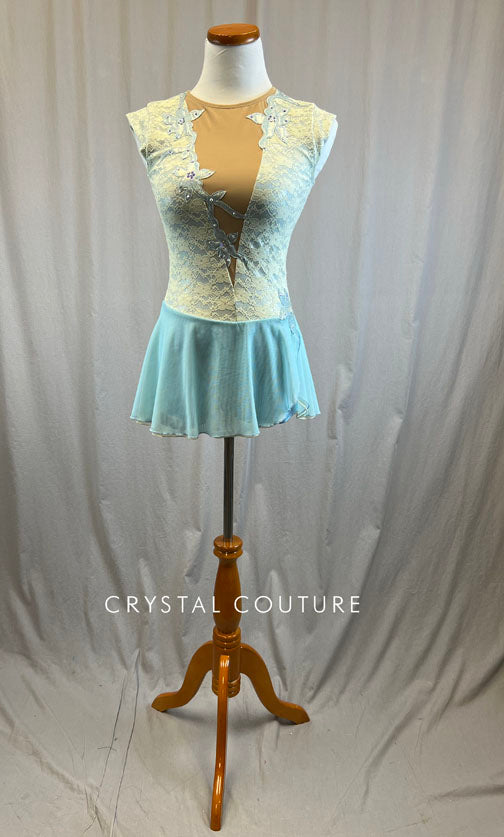 *Brand New* Ivory and Light Blue Lace Leotard with Skirt and Applique - Rhinestones