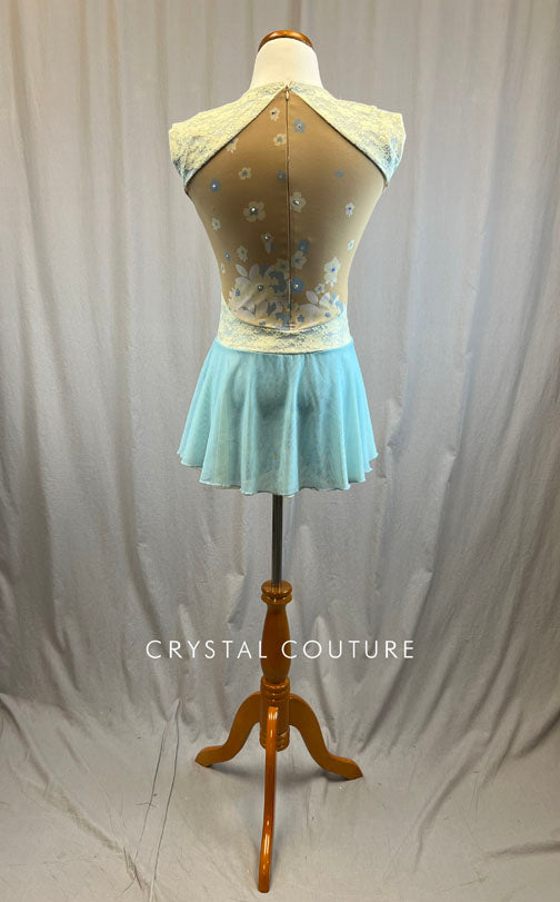 *Brand New* Ivory and Light Blue Lace Leotard with Skirt and Applique - Rhinestones