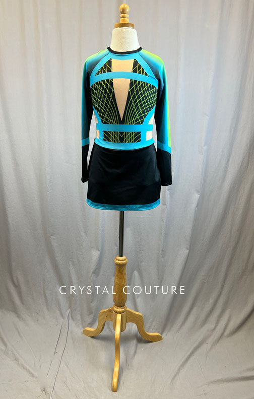 *Brand New* Black, Green and Turquoise Geometric Pom Dress