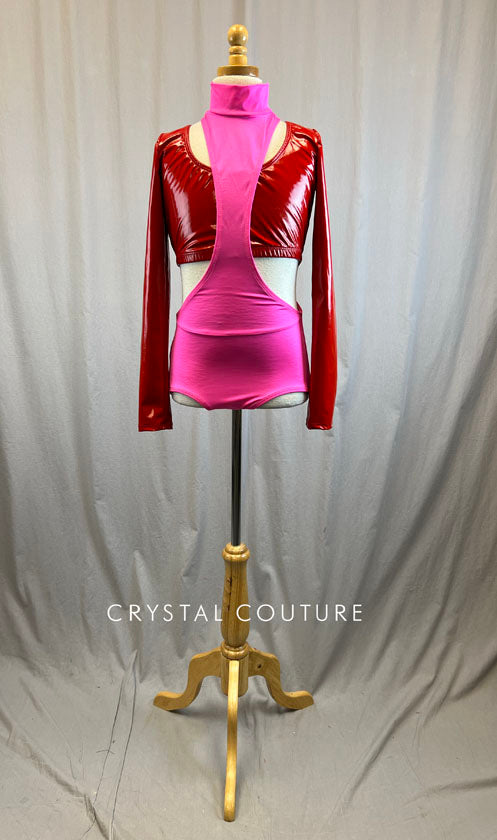 *Brand New* Red Pleather Bra Top with Pink Lycra Cut Out Leotard