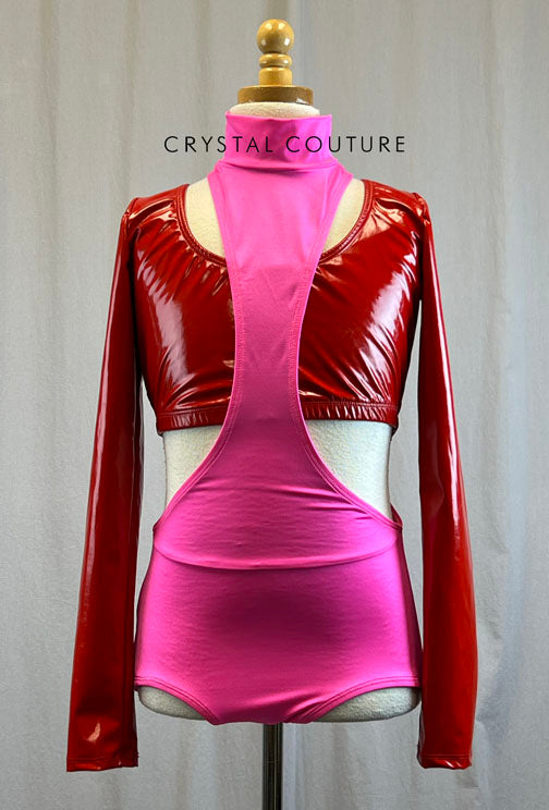 *Brand New* Red Pleather Bra Top with Pink Lycra Cut Out Leotard