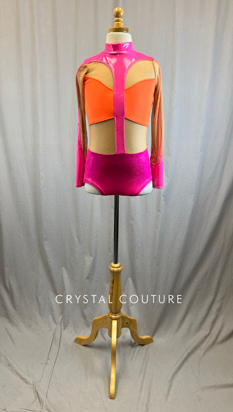 *Brand New* Hot Pink and Orange Pleather and Metallic Leotard with Mesh Inserts