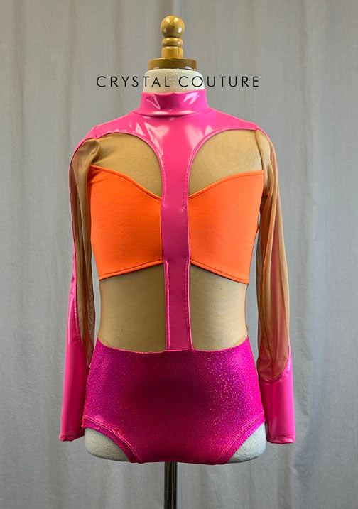 *Brand New* Hot Pink and Orange Pleather and Metallic Leotard with Mesh Inserts