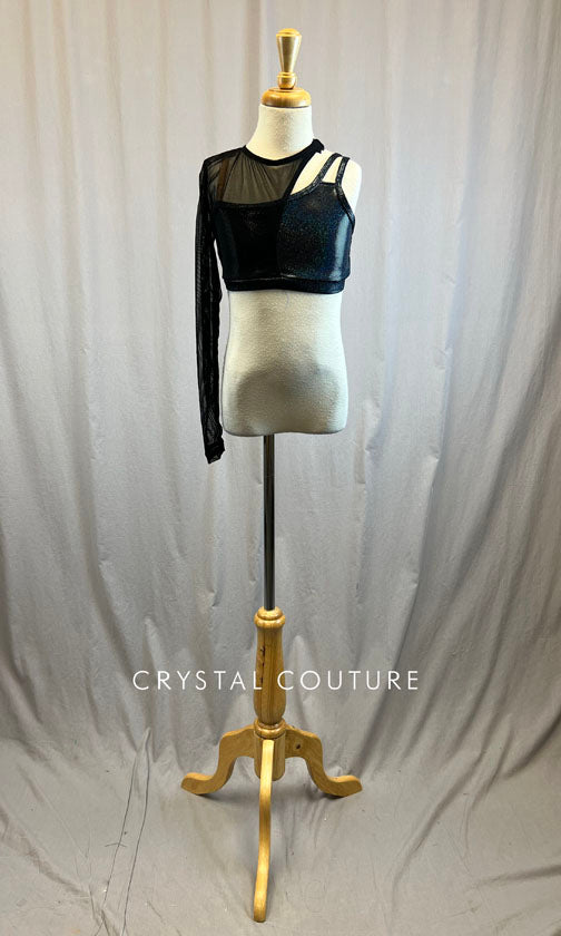 *Brand New* Black Metallic Bra Top with Black Mesh Long Sleeve and Overlay