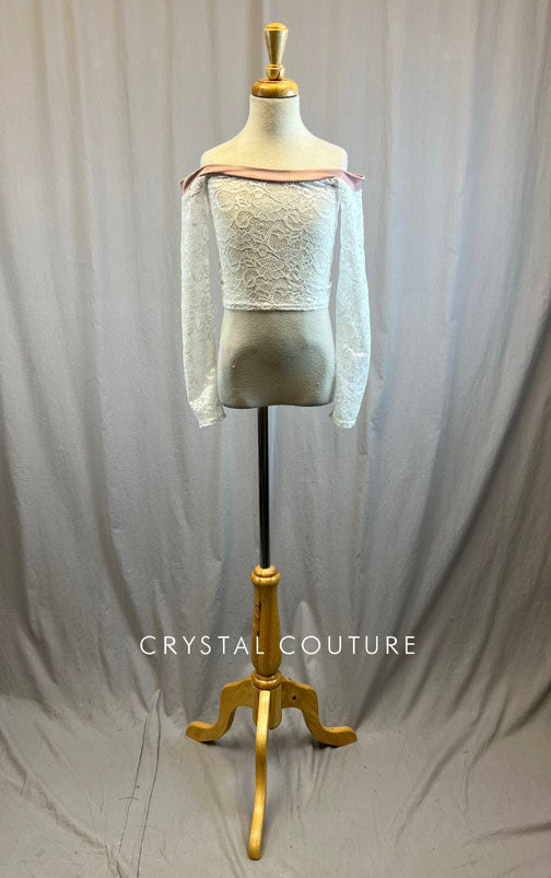 *Brand New* White lace long sleeve off shoulder top with rose spandex neckline