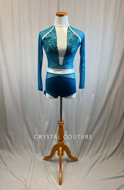 *Brand New* Dark Teal sequin and mesh long sleeve biketard