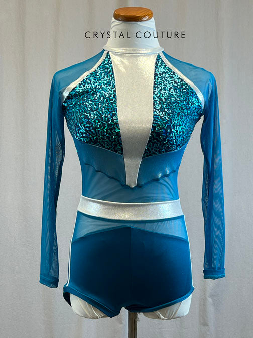 *Brand New* Dark Teal sequin and mesh long sleeve biketard