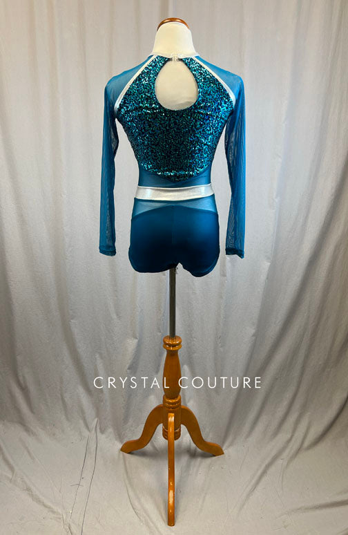 *Brand New* Dark Teal sequin and mesh long sleeve biketard