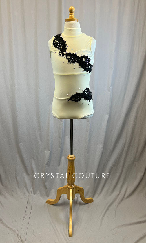 *Brand New* Ivory high neck leotard with mesh and Black appliques- Rhinestones