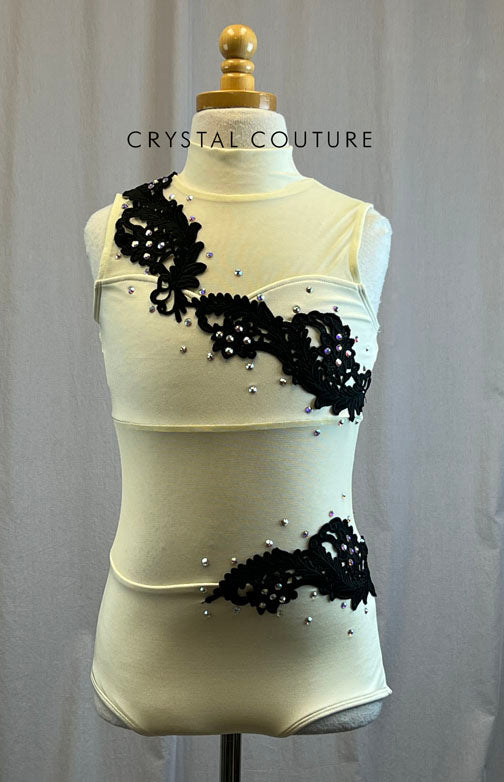 *Brand New* Ivory high neck leotard with mesh and Black appliques- Rhinestones