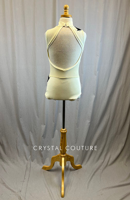 *Brand New* Ivory high neck leotard with mesh and Black appliques- Rhinestones