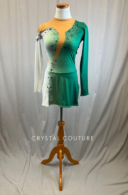 *Brand New* Green and white supplemented skating dress with black stars and sequins