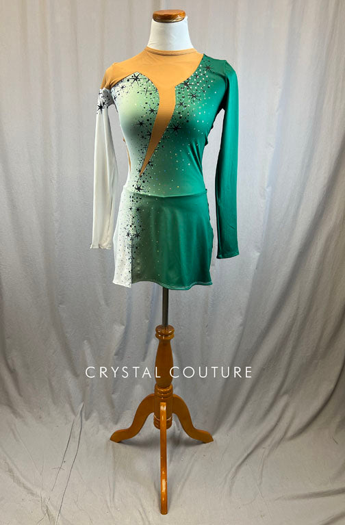 *Brand New* Green and white supplemented skating dress with black stars and sequins