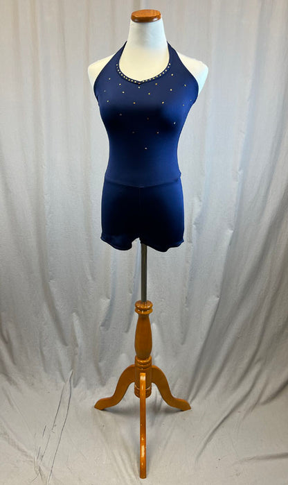 *Brand New* Navy blue V neck halter biketard -Rhinestones