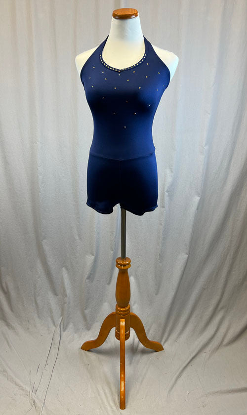*Brand New* Navy blue V neck halter biketard -Rhinestones