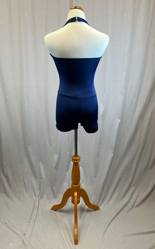 *Brand New* Navy blue V neck halter biketard -Rhinestones
