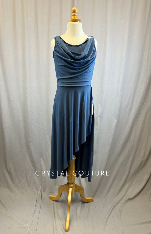 Slate blue scoop neck long dress -Rhinestones