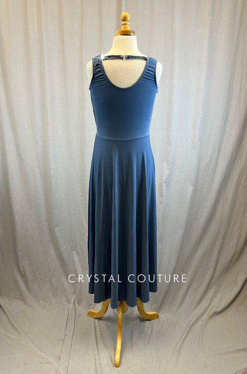 Slate blue scoop neck long dress -Rhinestones